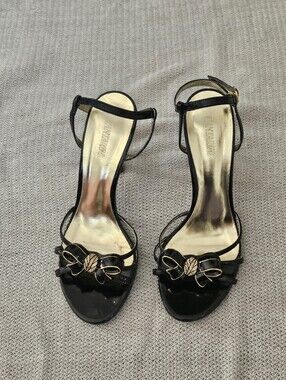 Cantarini Heel Sandal Y2K Size 8 38 Bow Enamel Crystal Gold Black Patent Strappy